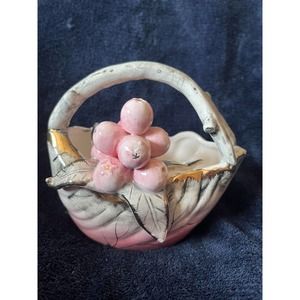 Ucago Japan Hand Painted Leaf Basket W/ Bird Berries Branch Pink Gray Gold Trim